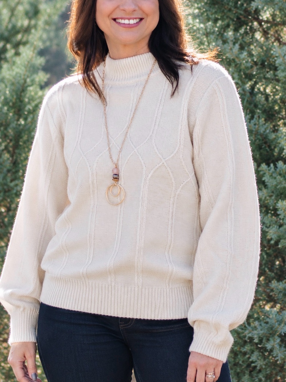 ANRABESS Cream Knit Sweater Mock Neck Textured Pullover Size M